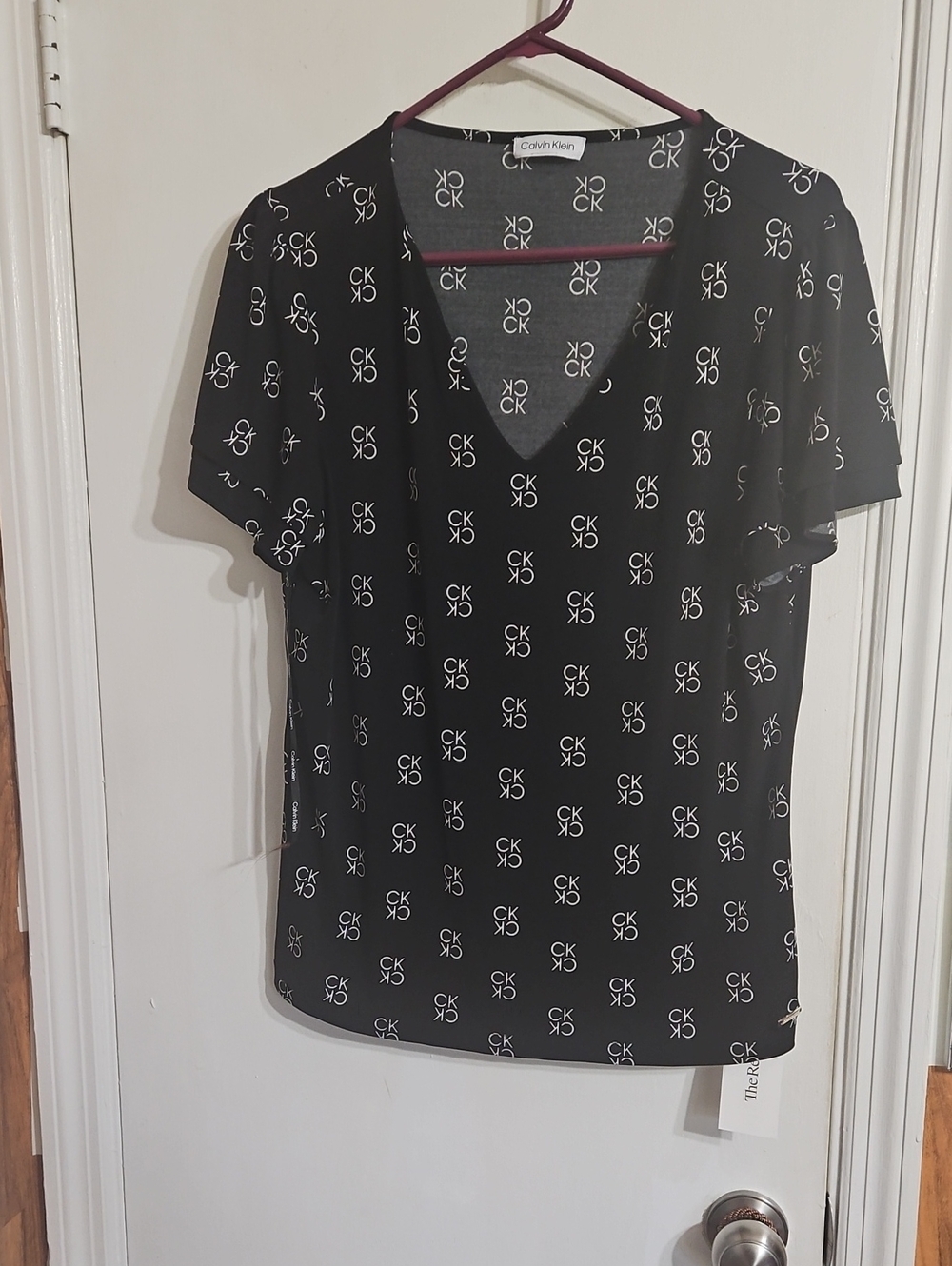 Calvin Klein Black V-Neck Logo Print Short Sleeve Top